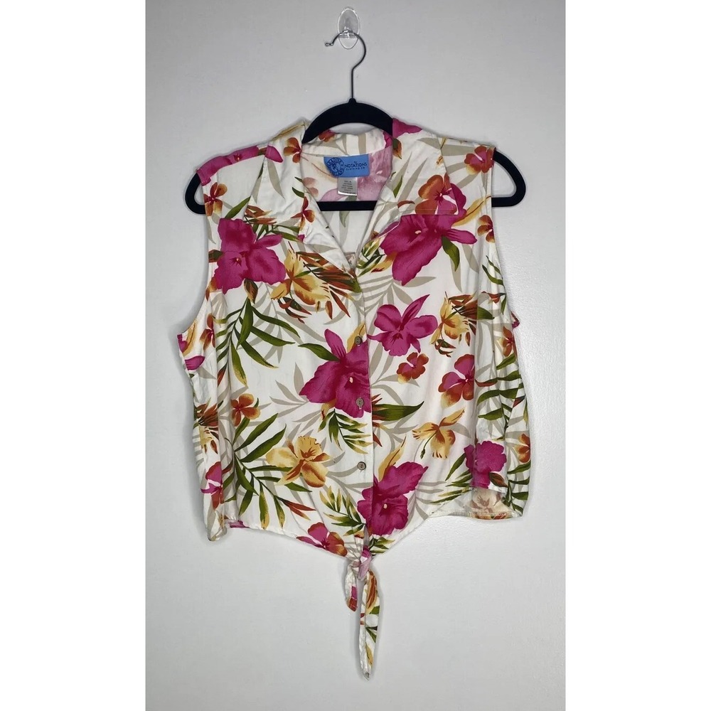 Paradise Island By Notations XL Sleeveless Collared Tropical Floral Crop Top